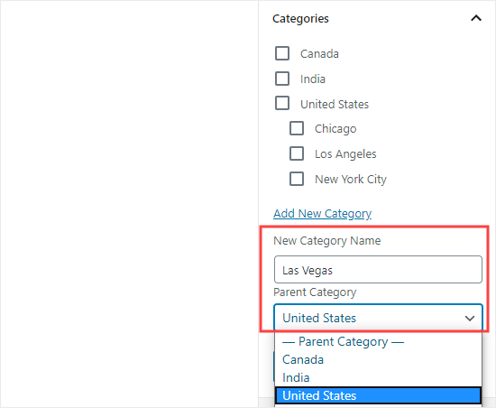 Aggiunta di una nuova categoria figlio durante la creazione di un post