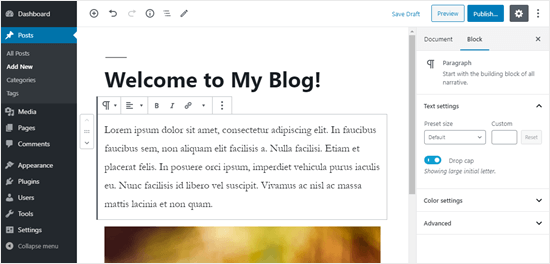 Aggiunta di un post in WordPress utilizzando l'editor di blocchi integrato
