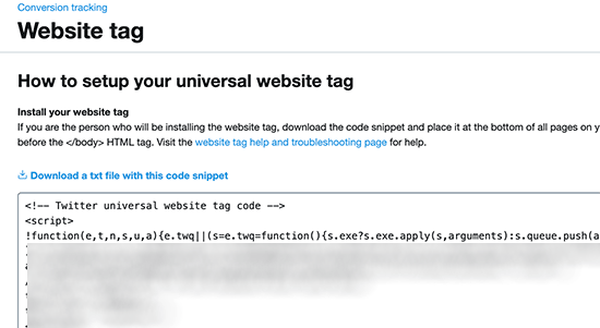 Copia il tag del sito Web di monitoraggio delle conversioni di Twitter