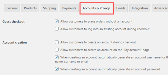 La scheda Account e privacy nelle impostazioni di WooCommerce