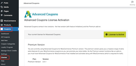 Activating the Advanced Coupons plugin
