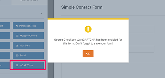 Aggiunta del campo recaptcha al modulo