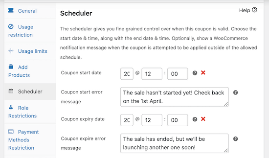 Adding error messages to a scheduled coupon