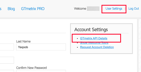 GTmetrix account settings