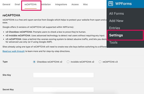 Recaptcha Wpforms