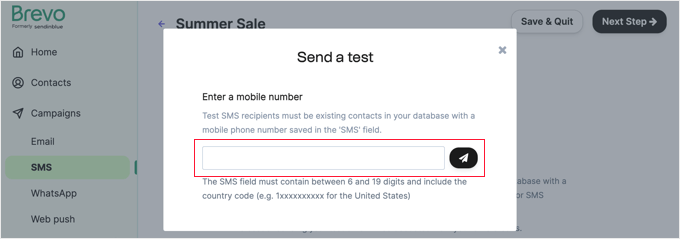 Enter a Phone Number for the Test SMS