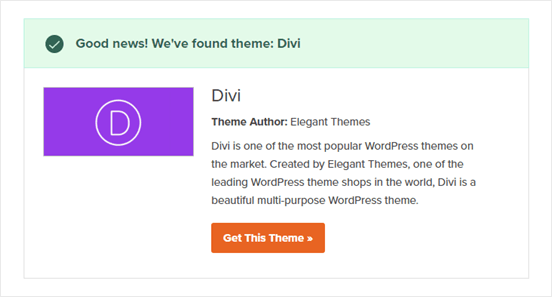 Le détecteur de thème WordPress en action, détectant le thème Divi