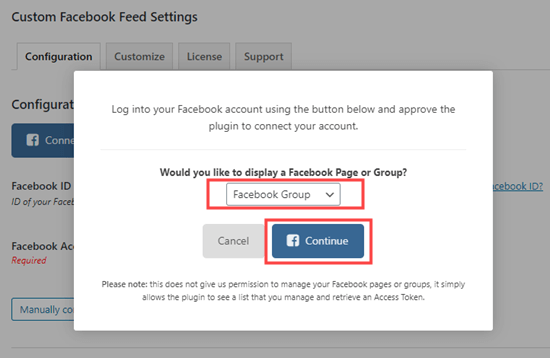 Seleziona Gruppo Facebook dal menu a discesa e fai clic per continuare