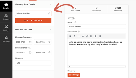 Add prize details for your social media contest