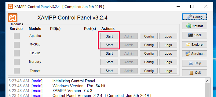 Avvia Apache e MySQL per avviare il tuo server locale