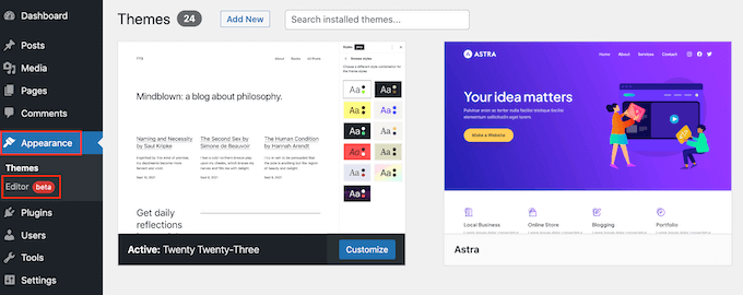 Opening the WordPress full-size editor (FSE)