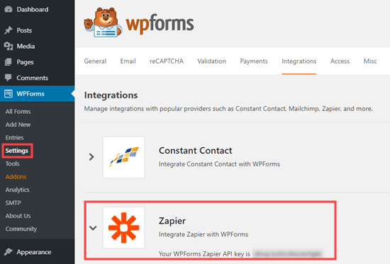 Ottieni la tua chiave API da WPForms da utilizzare con Zapier