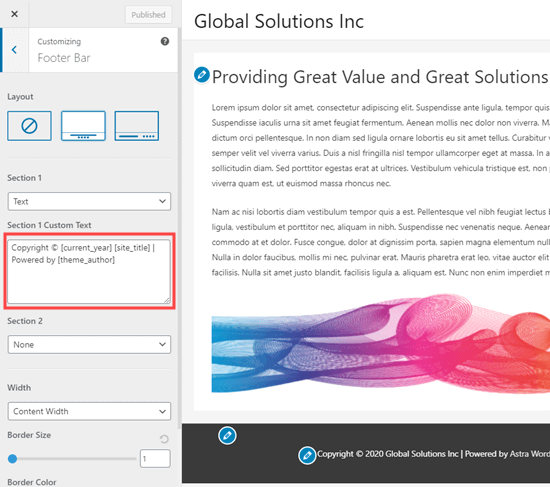 Editing Footer Text Astra
