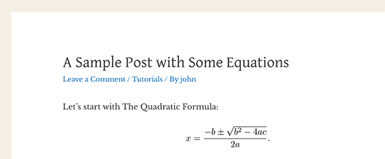 A math equation displayed in WordPress using LaTeX