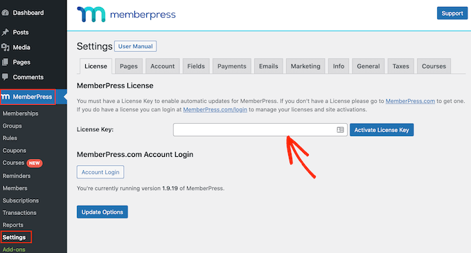 Adding the MemberPress license key