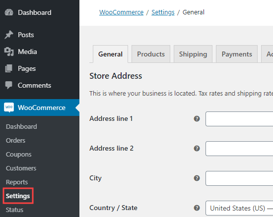 La pagina delle impostazioni di WooCommerce nella dashboard di WordPress