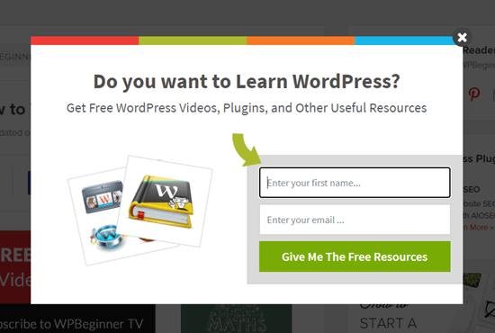 Popup di exit intent di WPBeginner, che offre video, plug-in e altro ancora