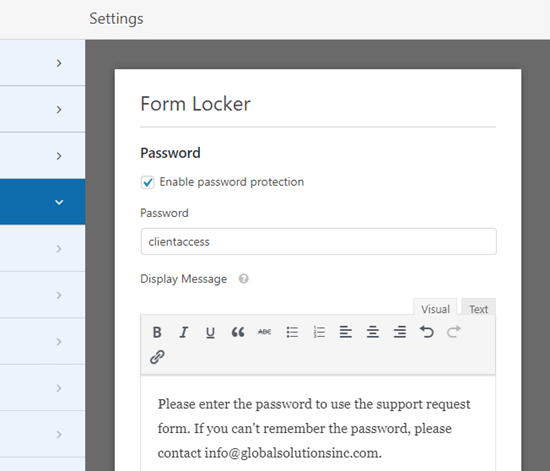 Immissione di una password e un messaggio per il modulo protetto da password