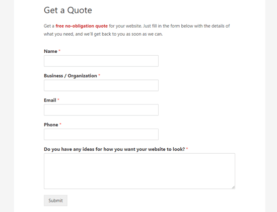 Get A Quote Form Live Website