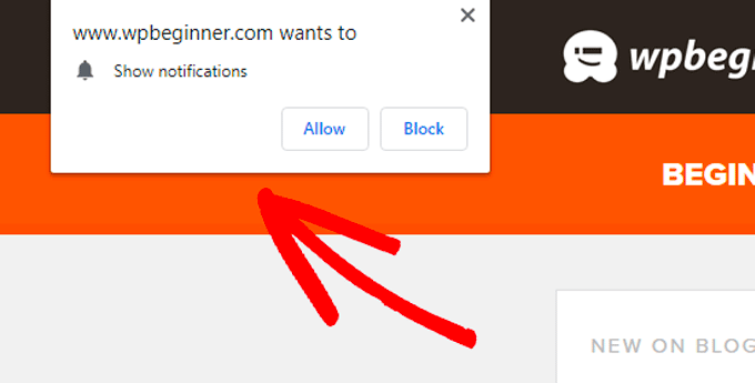 An example of a push notification optin on the WPBeginner website