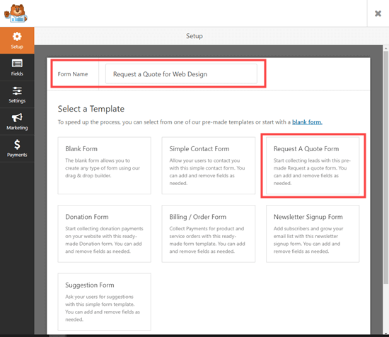 Selezionando il & # 039; Richiedi un preventivo & # 039; modello di modulo in WPForms