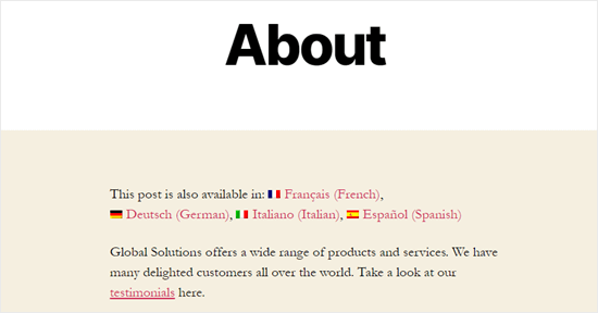 The About page on our demo site, with translation language options shown