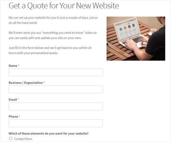 The request a quote form live on our demo website