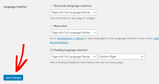 Scegliere le opzioni di selezione della lingua e salvare le modifiche in TranslatePress