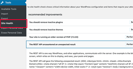 Errore dell'API REST in WordPress Site Health