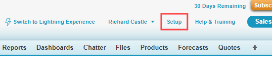 Fare clic sul collegamento Configurazione nella barra dei menu di Salesforce
