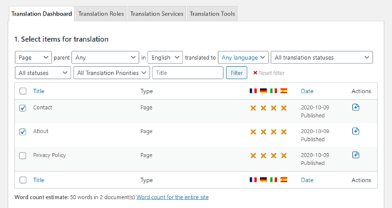 Viewing the list of pages in the translation dashboard
