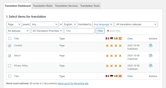 Translation Dashboard List Of Pages