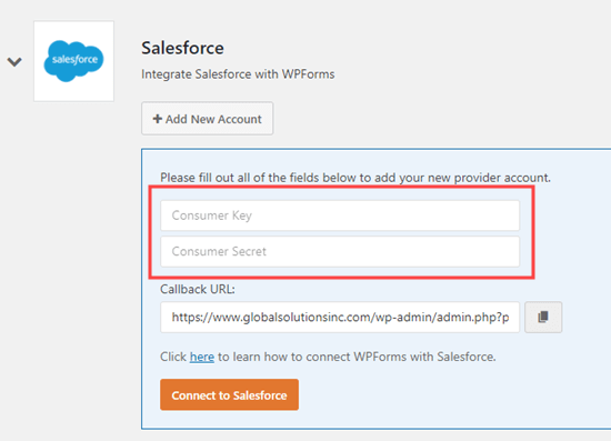 Adding your Consumer Key and Consumer Secret in your WPForms settings