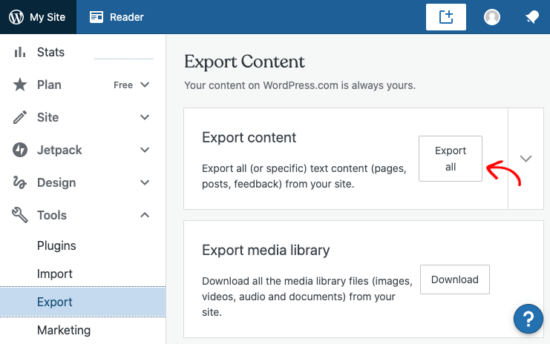 Export in WordPress.com