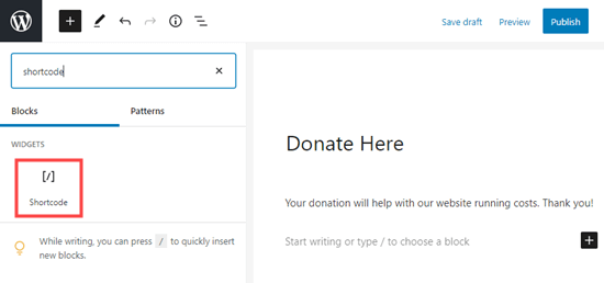 Aggiunta di un blocco shortcode al tuo sito per inserire lo shortcode Donazioni PayPal