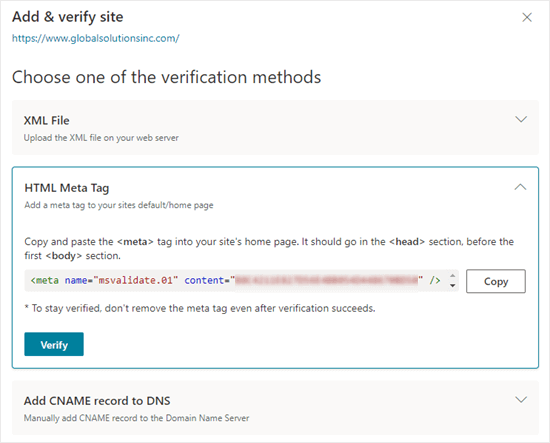 Getting the HTML meta tag from Bing Search Console