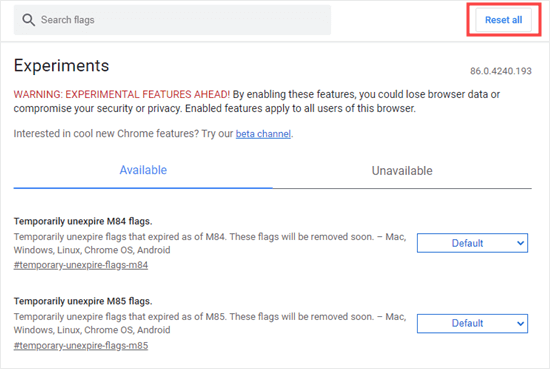 Chrome Reset All Experiments