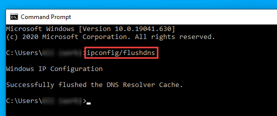 Digitando il comando nella finestra del prompt dei comandi per svuotare la cache DNS