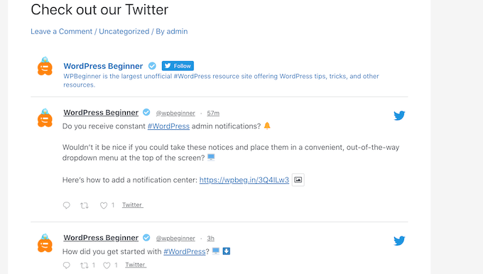 A Twitter feed, embedded using a free WordPress plugin