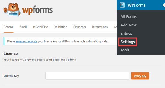 Saisie de votre clé de licence WPForms sur votre site