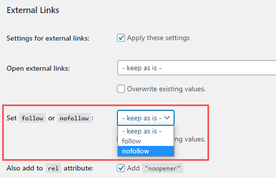 Using the plugin to set external links to be automatically nofollowed