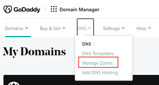 Выбор ссылки DNS - Управление зонами в меню GoDaddy