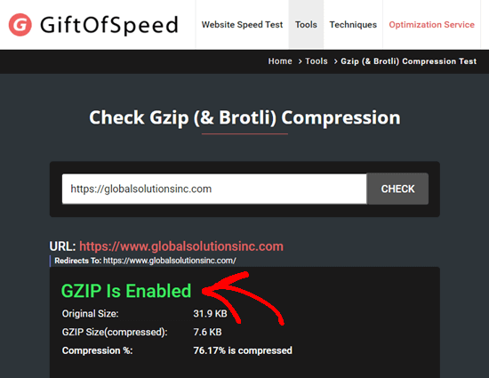 Sử dụng công cụ kiểm tra GZIP để thấy rằng GZIP đã được bật trên trang web cụ thể