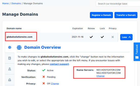Просмотр информации о доменном имени HostGator