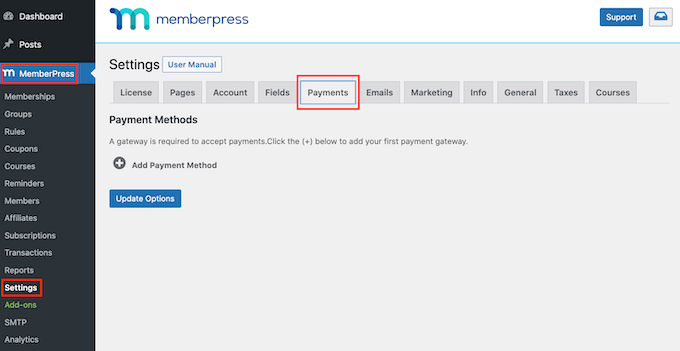 Paramètres de paiement de MemberPress