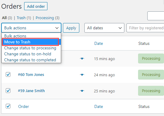 Move Orders Trash Woocommerce