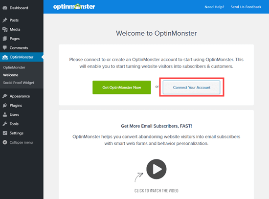 Collegamento del tuo sito Web WordPress al tuo account OptinMonster