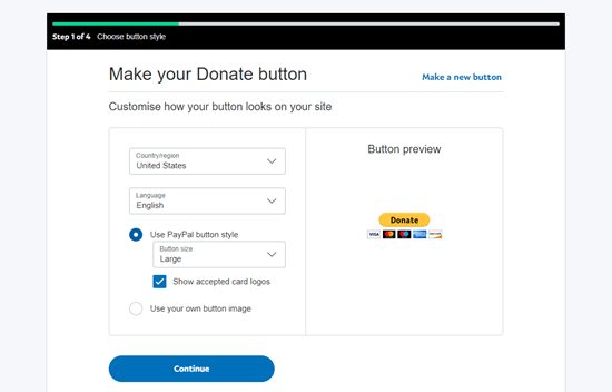 Seguendo i passaggi sullo schermo per creare il pulsante di donazione
