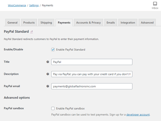Entering your PayPal email address and setting up PayPal with WooCommerce
