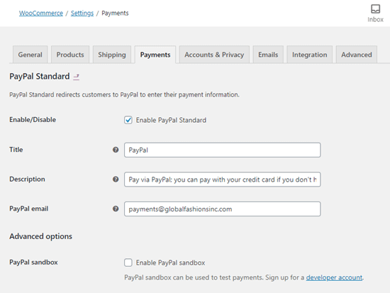 Paypal Settings Woocommerce